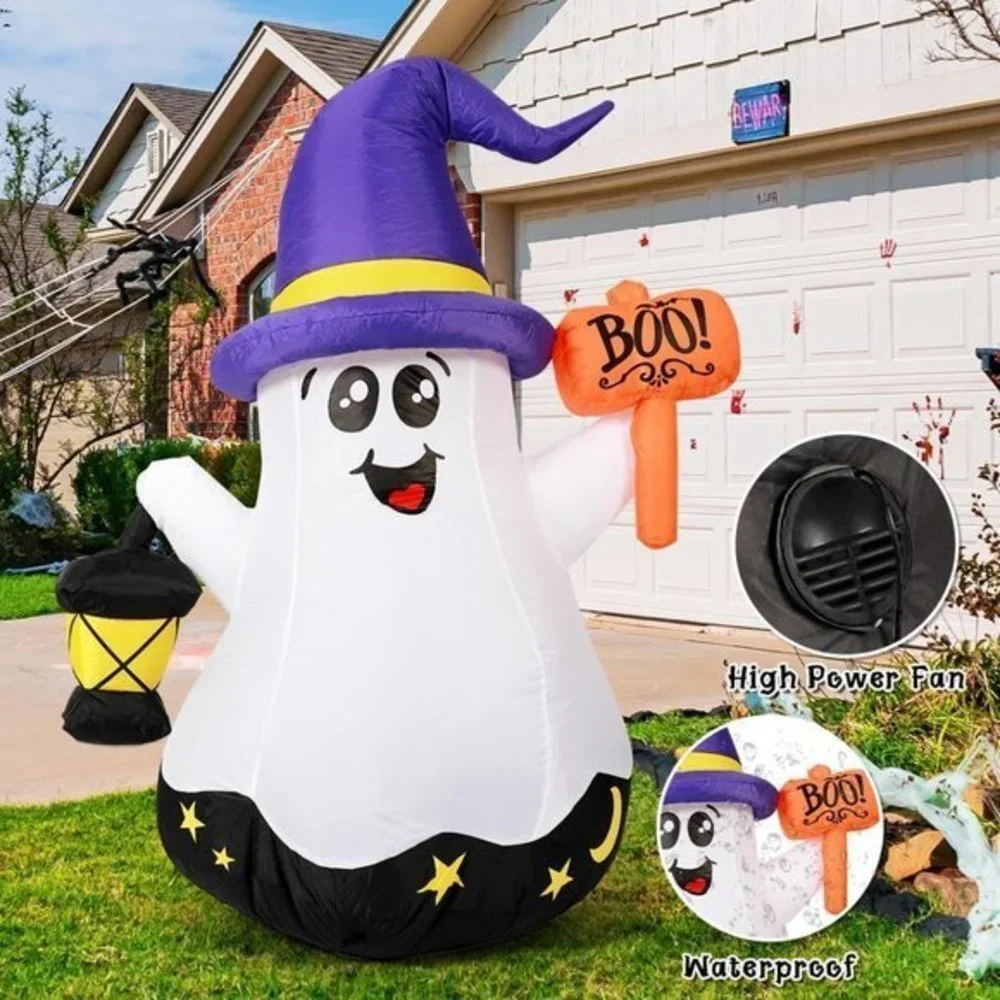 Home Decor 5 Foot Halloween Inflatable White Wizard Ghost‎ with Hand Held Light